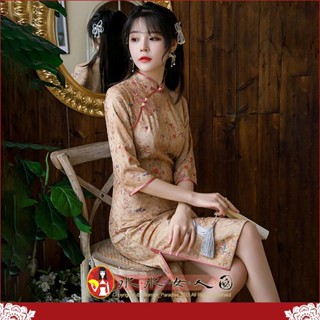 隔日快速到貨！復古印花中長旗袍清新國民七分袖時尚改良式女款連身裙洋裝-花滿園XL現貨-水水女人國