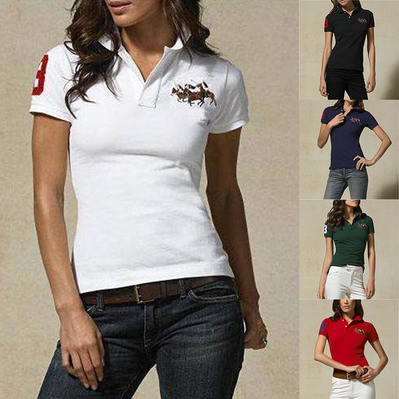 女生 彩色三匹馬 POLO衫 刺繡Polo大馬 短袖POLO衫 翻領短T 網眼純棉