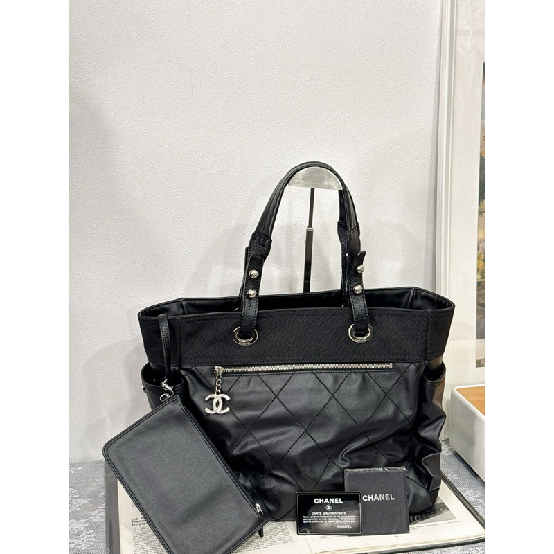 🇯🇵日本代購 中古香奈兒 CHANEL paris biarritz黑銀菱格紋 子母托特包