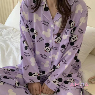 AHUA阿華有事嗎 (韓)迪士尼滿版大頭印花長袖絲綢家居領子睡衣套裝 C2895 韓妞必備 兩件式 居家 舒適 可愛