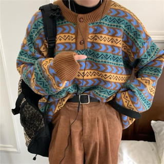現貨 民族風針織衫 圓領毛衣寬鬆古著 加厚日系毛衣男女