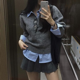 【太妮絲L288】現貨 早春 翻領假件長袖針織衫 韓國 chic 針織毛衣 簡約 襯衫毛衣 POLO領 學院風
