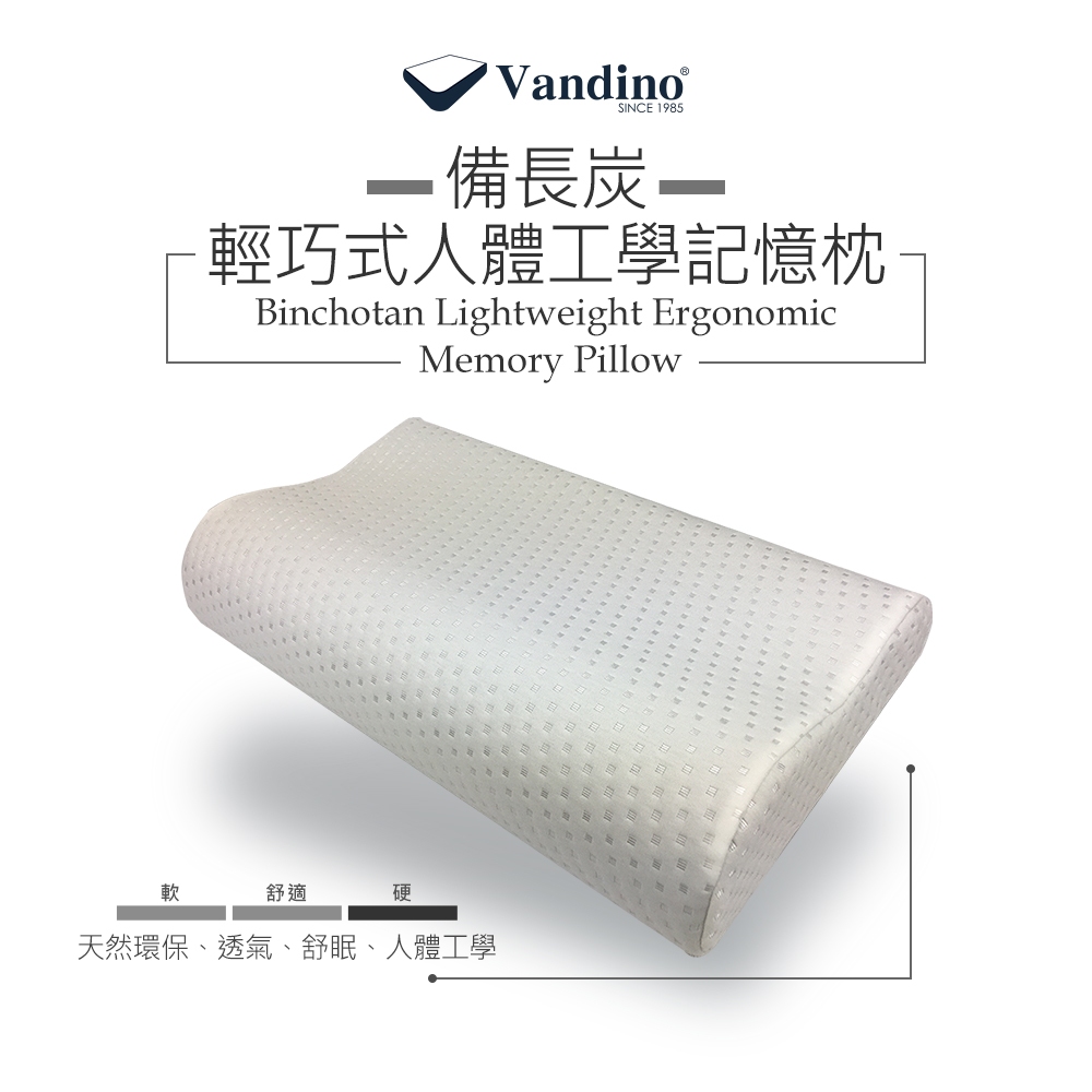 VANDINO【輕便款】備長炭 記憶枕 慢回彈 人體工學／中硬度 記憶棉 加大款 回彈枕 紓壓枕 枕頭 台灣製MIT