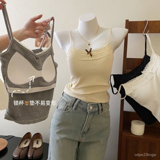 【Shopping】內搭吊帶背心 女辣妹純慾蕾絲花邊吊帶背心女打底胸墊蝴蝶結短款修身設計無袖上衣 UF1X