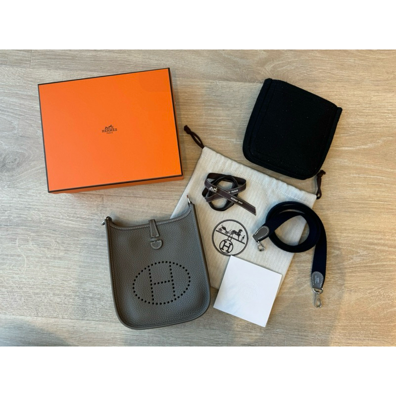 保證正品 二手近新Hermes mini evelyne大象灰銀釦Y刻 附訂製內袋