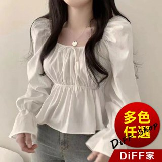 【DIFF】韓版方領繫帶收腰荷葉邊喇叭袖顯瘦襯衫 長袖上衣 女裝 衣服 長袖t恤 保暖上衣 冬裝【W537】