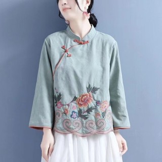 民族風上衣女文藝復古立領長袖上衣 中國風襯衫寬鬆大碼棉麻
