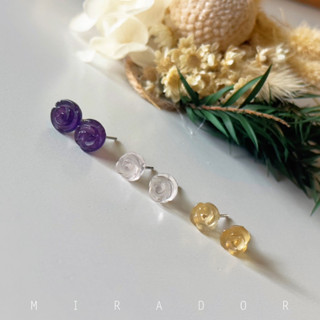 天然 紫水晶 黃水晶 粉晶 山茶花 玫瑰 s925純銀 耳針 一對 耳釘 耳環 🇹🇼現貨 手工雕刻 增智慧