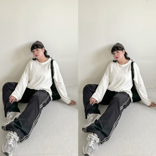 Want-Meow招財貓旺鋪/臺灣現貨/90公斤可穿/韓系簡約風束口尼龍兩條槓休閒寬褲直筒褲長褲