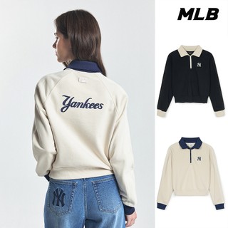 MLB 女版 半拉鍊 撞色翻領 長袖大學T Varsity 紐約洋基隊 (3FMTV1244-兩款任選)【官方旗艦店】