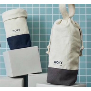 【WOKY 沃廚】重磅防水帆布隨行杯袋（白色）隨行提手帆布杯袋(藍色/棕色)