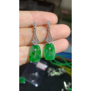 冰種飄辣陽綠方扣耳墜❤️a貨翡翠18k鑽石