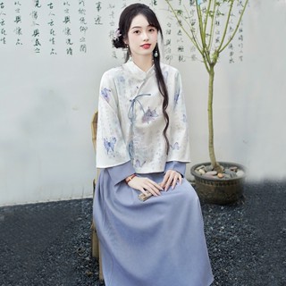 【40kg-80kg】多款可選 S-4XL 新中式女裝 國風服飾 大尺碼套裝女 長袖刺繡上衣女 深藍色半身裙套裝