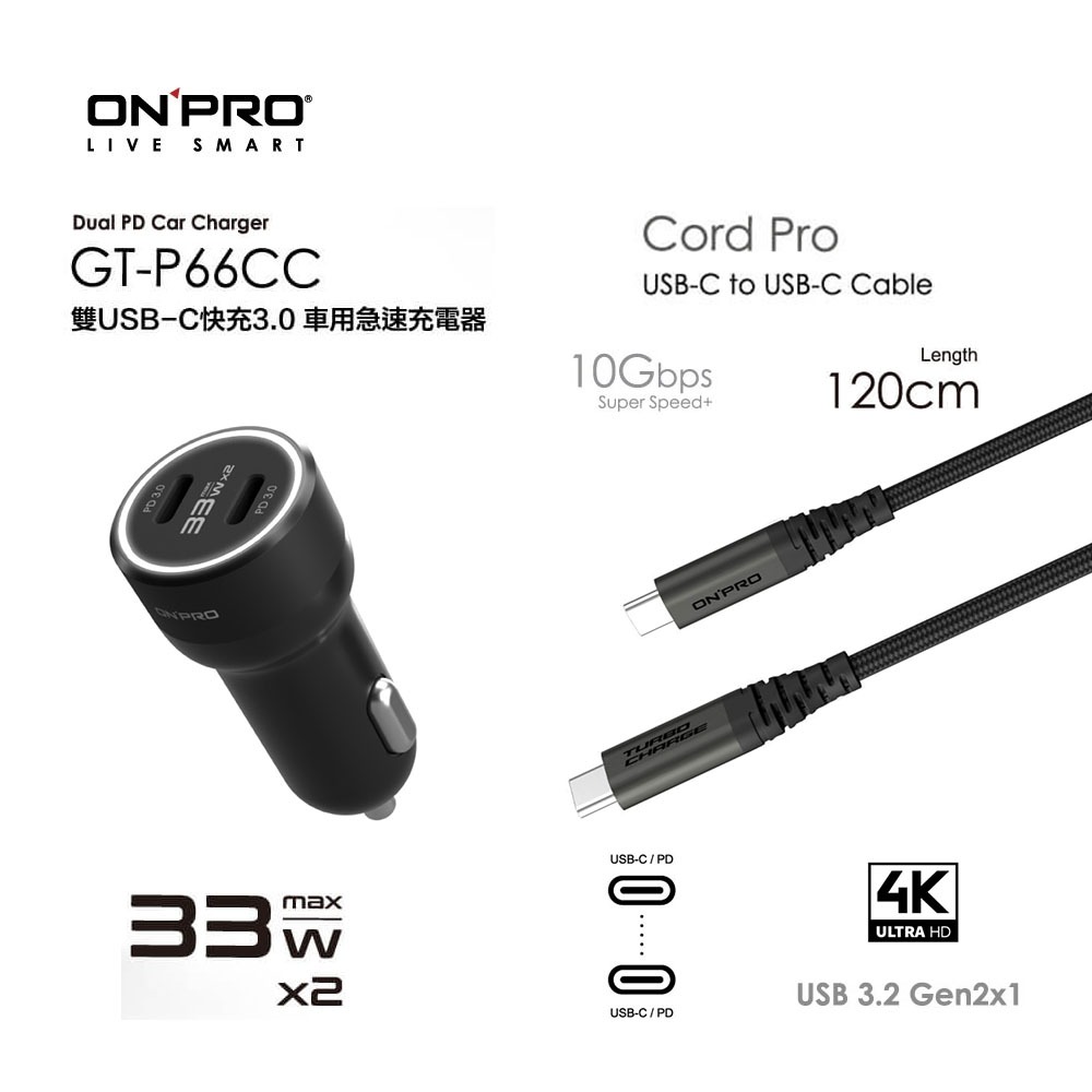 ONPRO GT-P66CC PD USB-C PD快充車充+Cord Pro 1.2M雙Type-C PD快充線