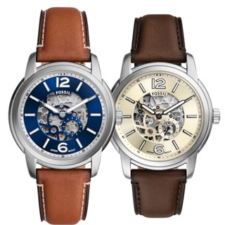 FOSSIL Heritage 復古鏤空機械手錶 棕色真皮錶帶 43MM 深海藍ME3263／奶油白ME3264