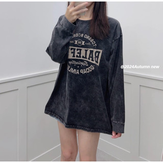 L161452復古美式英文/卡通水洗T長版T~圓領長袖TEE 黑色慵懶風舒適寬鬆T恤上衣 時尚質感英文字母長袖衛衣大尺碼