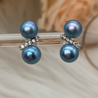 🎀小小飾品🎀天然海水珍珠耳環日本Akoya珍珠S925純銀耳釘稀有bluerose藍玫瑰珍珠平衡木耳環 珠光極亮炫彩無瑕