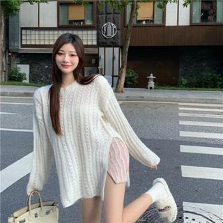 佰分佰/150kg內可穿/大尺碼女裝/微胖穿搭/新薄款毛衣/設計感/小眾開叉針織衫/慵懶風外套/長袖上衣