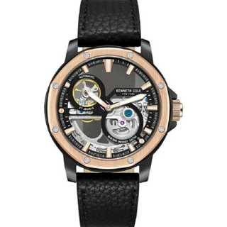 KENNETH COLE 黑麵玫瑰金框鏤空透視面盤機械皮帶男錶 K3700995 44mm 臺灣公司貨保固兩年