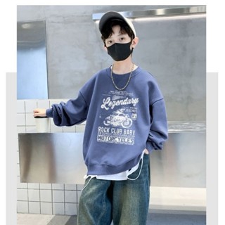 熊仔貝兒 現貨新款 韓版兒童百搭塗鴉長袖圓領上衣 春秋兒童 男童長袖上衣中大童寬鬆童裝款 春秋 霧藍色 140~170碼