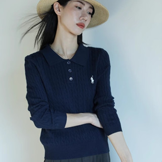 長袖上衣 秋冬上衣 翻領針織衫 POLO毛衣 小馬刺繡麻花針織衫女秋冬季新款修身羊絨衫長袖毛衣TBF07.10925胖胖