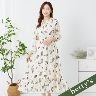 betty’s貝蒂思(35)落葉點點跳色印花雪紡小V領長洋裝(米白)