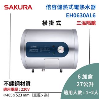 櫻花 EH0630AL6 倍容儲熱式電熱水器 6加侖 / 27公升 橫掛式 220V 免運