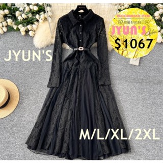 JYUN'S 秋冬新款法式復古優雅洋裝女士冬季高階感水鑽腰帶鉤花蕾絲拼接網紗不規則過膝長裙長袖洋裝大尺碼2色M~2XL預