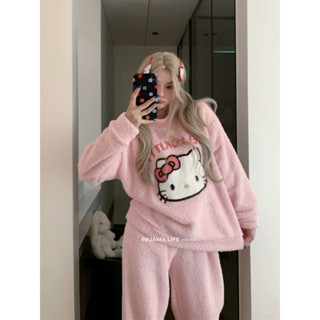 日系kitty睡衣 秋冬季珊瑚絨 新款毛絨保暖軟綿綿甜美家居服 套裝