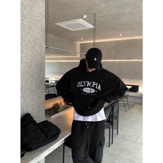 【FJstore】OLYMPIA貼布繡帽T 帽踢 厚磅 刷毛 寬鬆 落肩 長袖上衣 男生長袖 女上衣 情侶