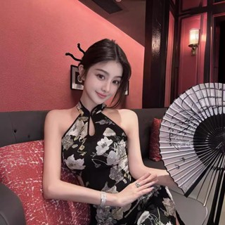臺灣出貨❤️實拍 性感削肩黑色修身旗袍 顯瘦開叉長裙 改良式旗袍 過膝旗袍 印花旗袍 中式無袖掛脖旗袍 中國風 復古旗袍