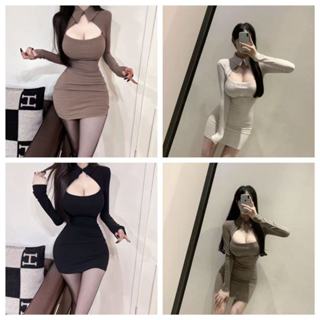 性感辣妹POLO領鏤空顯胸顯身材連衣裙女 韓系純慾風 爆乳設計修身收腰顯瘦短款打底裙子 高檔時尚洋裝長袖包臀裙