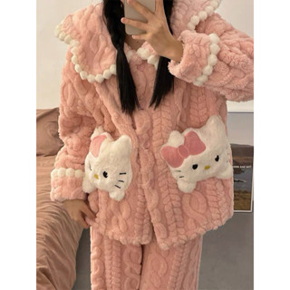 日式Hello kitty睡衣 秋冬季珊瑚絨加厚加絨保暖可愛家居服套裝