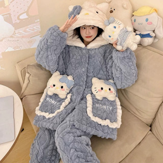 冬季珊瑚絨2024新款kitty法蘭絨 三層夾棉 可愛家居服 加厚加絨睡衣