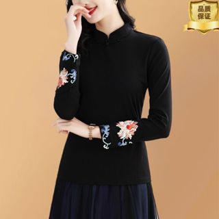 復古中式國風民族長袖T恤春秋冬刺繡女裝旗袍上衣新款繡花打底衫 大尺碼T恤 長袖上衣 民族風上衣 禪意茶服 文藝T恤