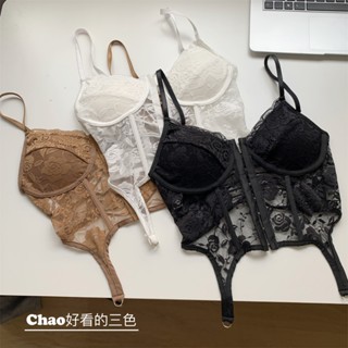 【臺灣出貨】美式蕾絲花邊吊帶 辣妹風格內衣 性感鏤空收腰修身自帶胸墊打底小背心 交叉背帶設計性感美背 可外穿內搭上衣內衣