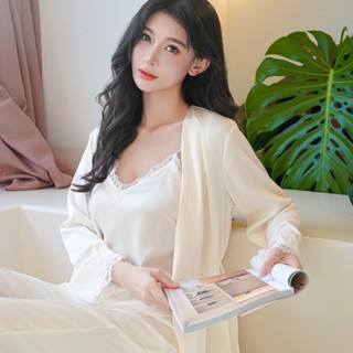 【Mini Queen】月色呢喃 睡衣 高階感緞面蕾絲優雅三件睡衣套組 (3色)
