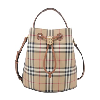 BURBERRY Lola TBLOGO格紋帆布束口水桶包(石楠木棕色)｜100%原廠真品｜JS Maxx官方旗艦館
