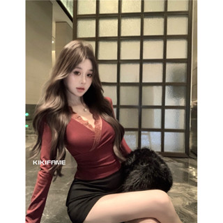 KIKIFAME🤍三色 純欲感V領交叉蕾絲上衣 V領上衣 性感上衣 長袖上衣 蕾絲衫 合身上衣 抓皺 短版上衣 長袖t恤