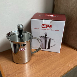 二手 MILA 玻璃蓋雙層奶泡杯 不鏽鋼 濾網 奶泡器 400ml 咖啡 不鏽鋼奶泡杯