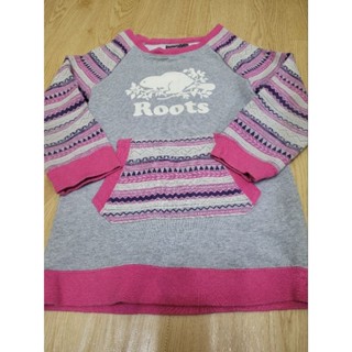 roots kids 小童 女童 長版 長袖 灰 條紋 上衣 大logo 2T