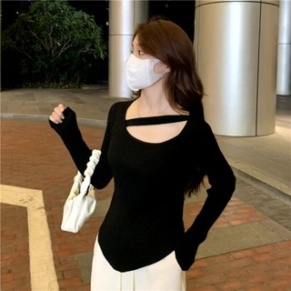 MUMU【T98949】微性感鎖骨 針織長袖上衣 造型長袖內搭 好手感 包芯紗 單穿打底衣 女生上衣 針織上衣 女生長袖