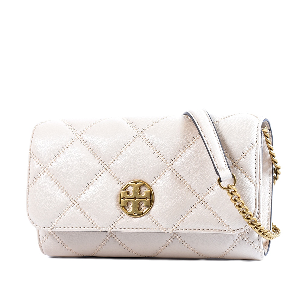 TORY BURCH WILLA 金LOGO菱格翻蓋斜背WOC包-奶油白 【美國正品現貨】