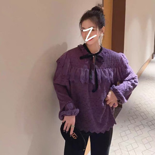 現貨！法式宮廷風蕾絲鈎花上衣唯美質感推薦長袖襯衫長袖上衣蕾絲上衣蕾絲襯衫獨特別緻上衣洋氣百搭套頭上衣紫色上衣氣質
