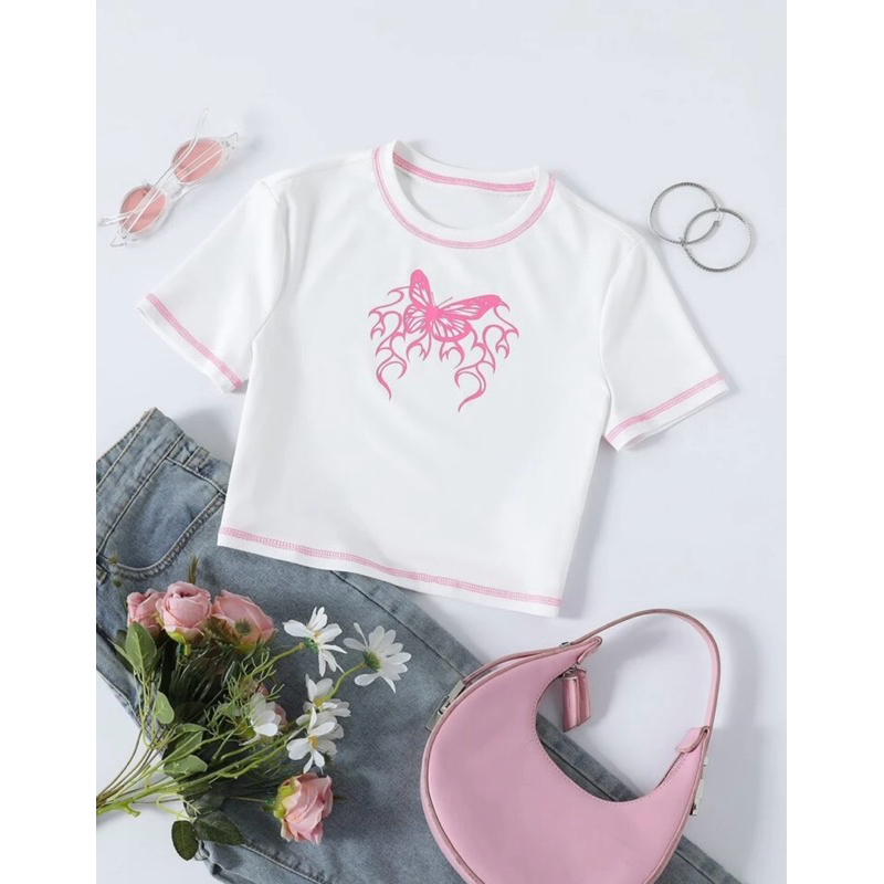 SHEIN 蝴蝶與火印刷T恤 T-shirt 短袖上衣 XS