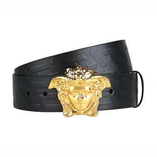 VERSACE La Medusa Greca立體美杜莎扣頭LOGO字母壓花設計小牛皮男士扣式皮帶(寬版/黑)