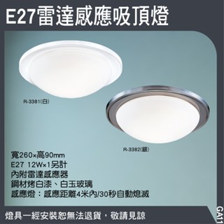 E27可換燈泡雷達感應吸頂燈/人體感應/鐵材、白玉玻璃/GA11