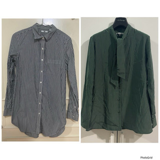 二手 UNIQLO 黑白條紋 綠黑條紋 細條紋 直條紋 襯衫 長袖襯衫 綁帶襯衫 修身 正式 休閒