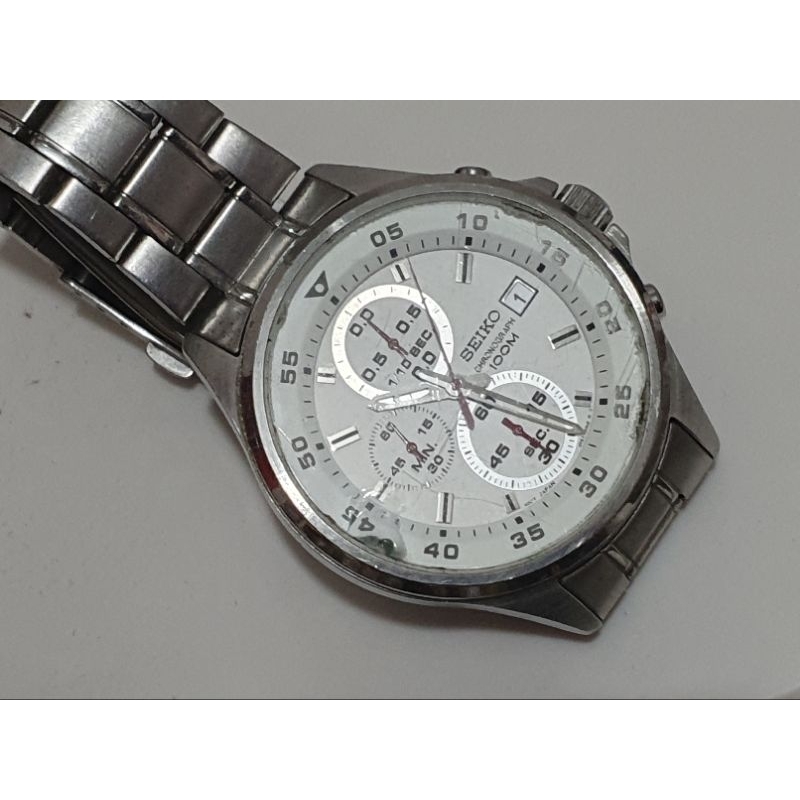 SEIKO 白盤 登峰造極三眼計時腕錶 手錶 SSB375P1 鏡面有瑕疵 二手品 無盒 過保固