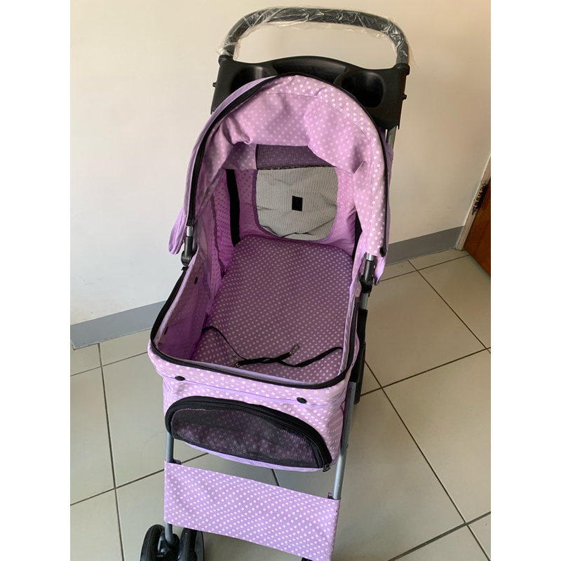 【二手】寵物豪華四輪圍框推車.輕便折疊寵物推車.真正鈕扣處有雙層布+加強耐重20公斤版~外出雙層兔貓狗推車(局部有瑕疵)